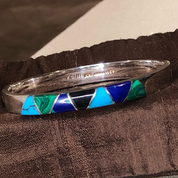 TAXCO Sterling Silver Cuff Bracelet Onyx Lapis Turquoise Malachite Azurite - Picture 3 of 10